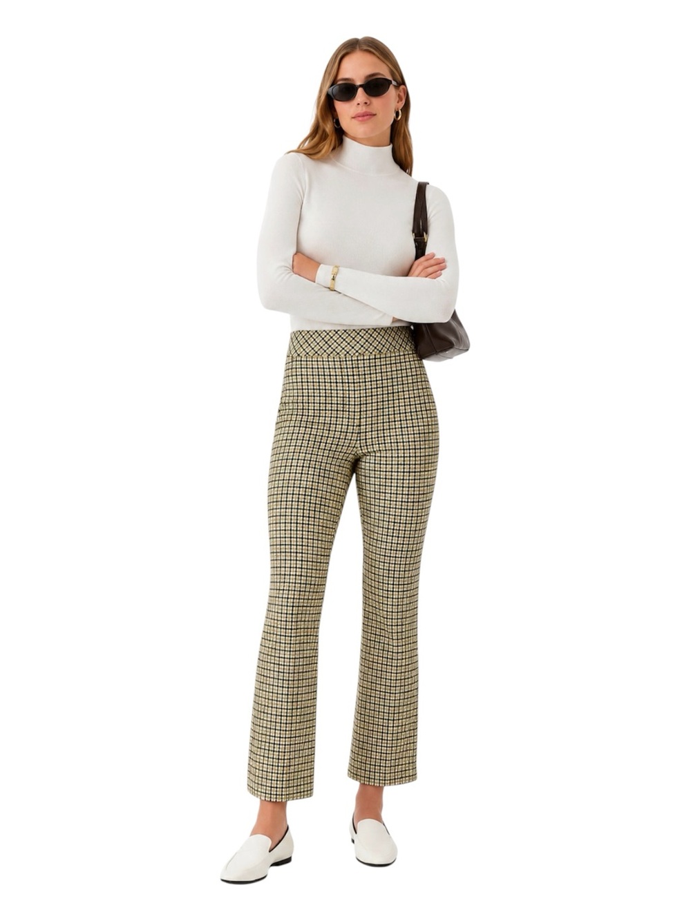SPANX Black Yellow Plaid Houndstooth Kick Flare Pants Bootcut Large Work Travel